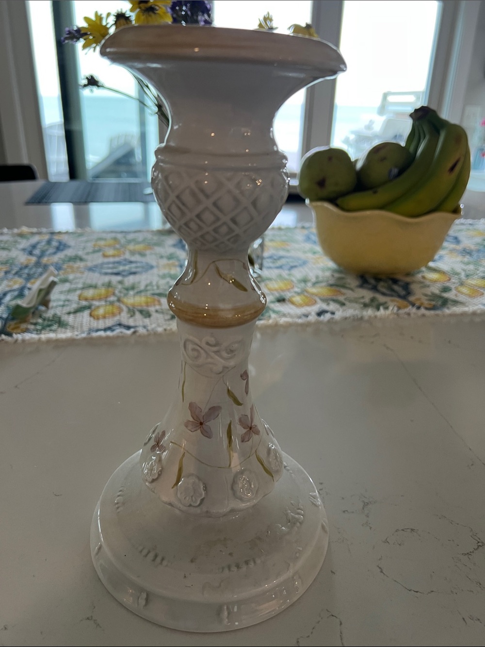 Tracy Porter White Ceramic Floral Candlestick with Gold Trim